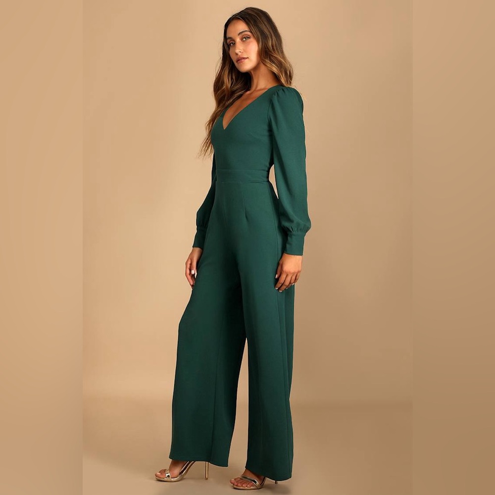 Lulus Celebrating Romance Emerald Green Long Sleeve Wide-Leg Jumpsuit Small